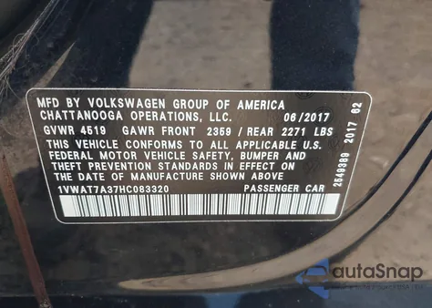 2017 Volkswagen Passat 1.8T S from USA, damaged, VIN 1VWAT7A37HC083320